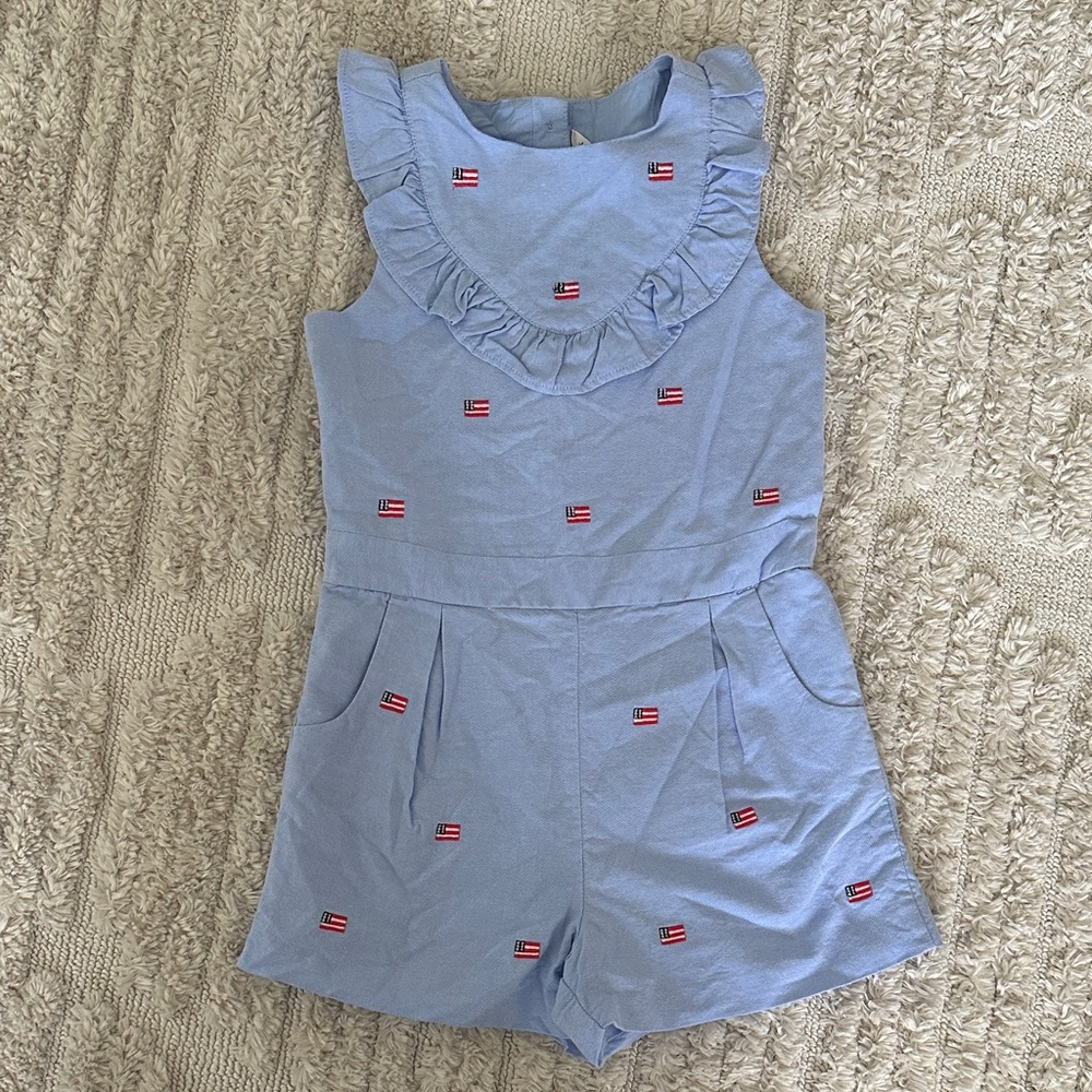 Janie and Jack USA embroidered flag romper with Ruffled Neckline